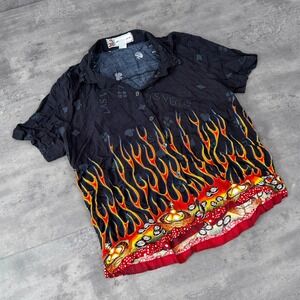 Y2K 2000's 00's Las Vegas Casino Flame Dice Graphic Button Up Shirt Black